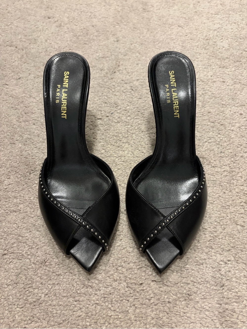 Saint Laurent Black Leather Studded Slide Sandals